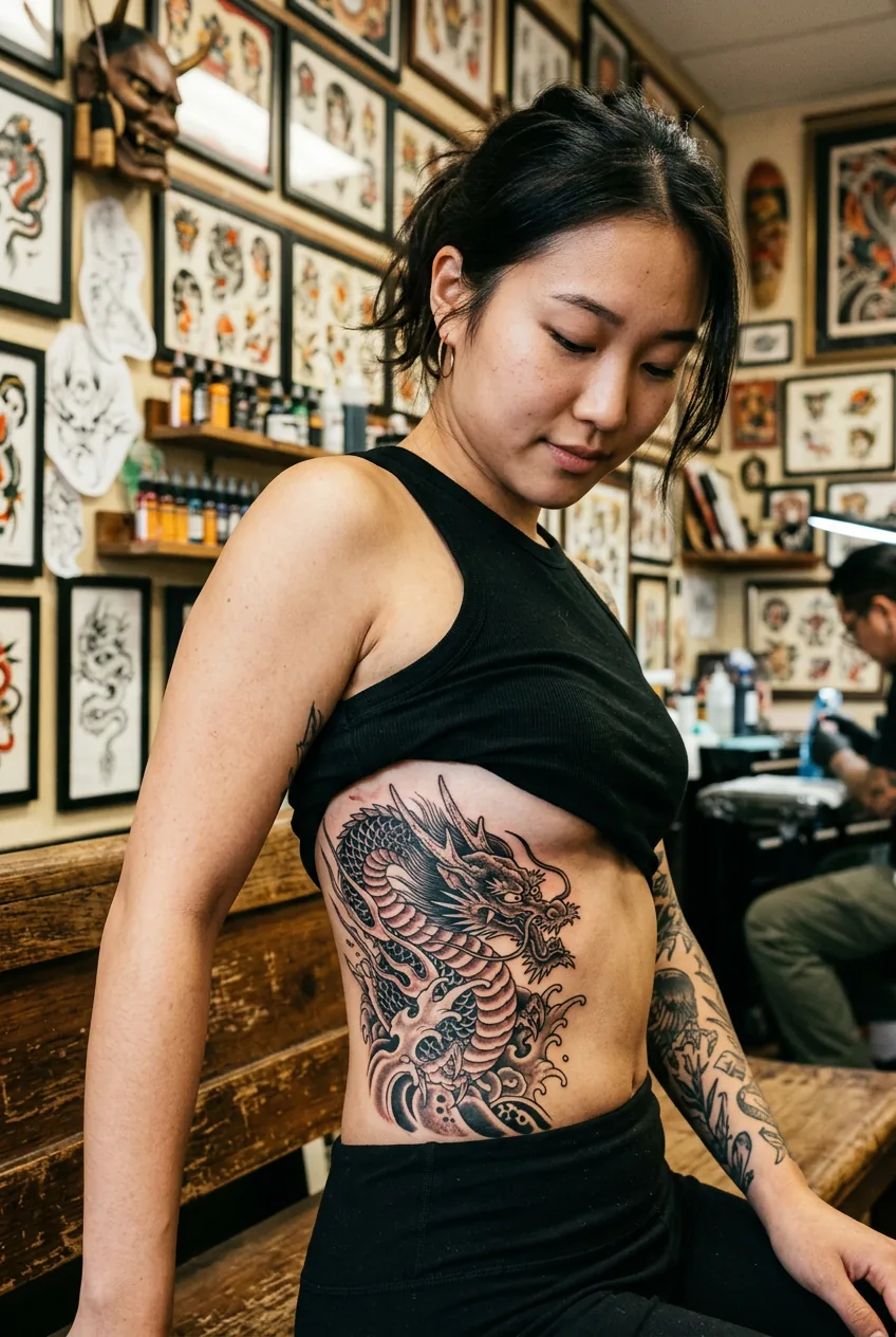 Close-up view of detailed Asian-style dragon tattoo on woman's ribcage with traditional scales and water elements