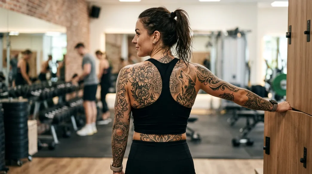 Woman displaying full back tattoo in workout crop top with confident post-gym pose and soft lighting