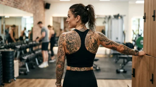 Woman displaying full back tattoo in workout crop top with confident post-gym pose and soft lighting