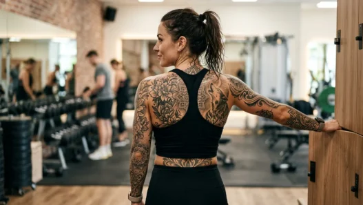 Woman displaying full back tattoo in workout crop top with confident post-gym pose and soft lighting