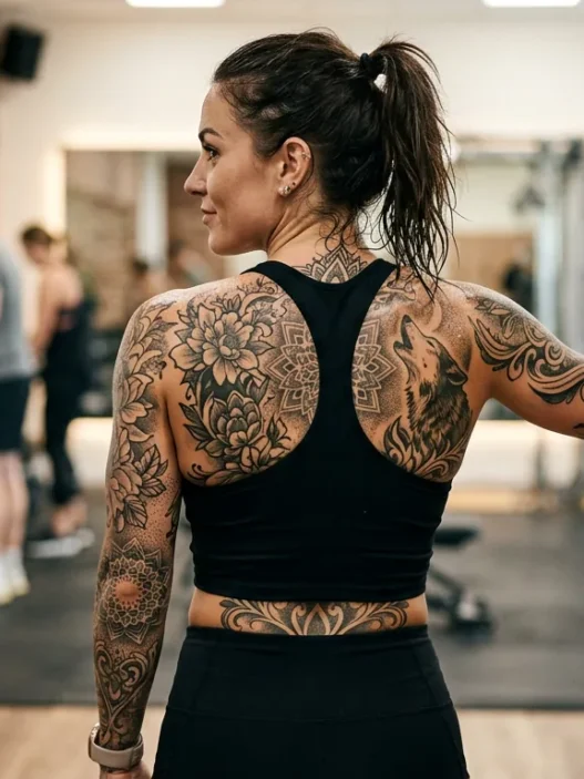 Woman displaying full back tattoo in workout crop top with confident post-gym pose and soft lighting