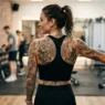 Woman displaying full back tattoo in workout crop top with confident post-gym pose and soft lighting