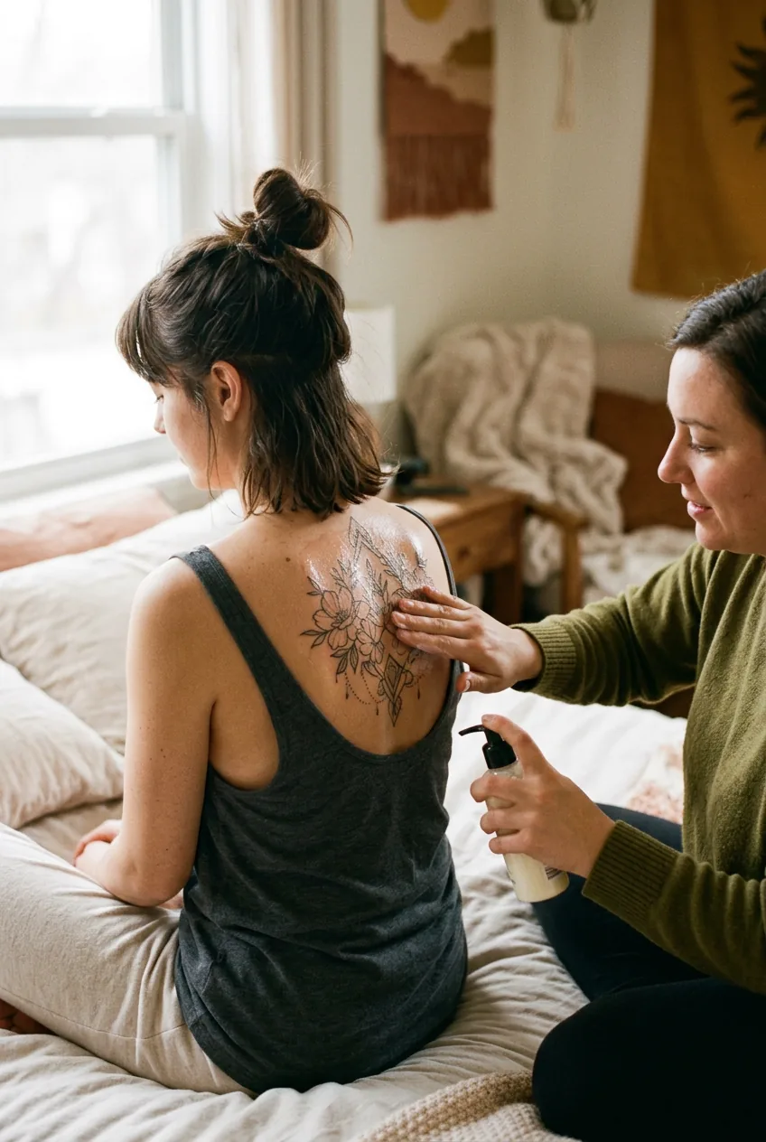 Woman applying healing lotion to fresh back tattoo with assistance in bathroom mirror