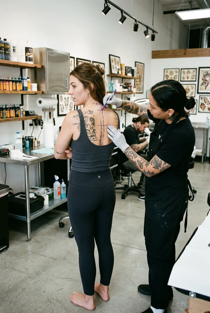 Tattoo artist marking placement guidelines on woman's upper back during consultation