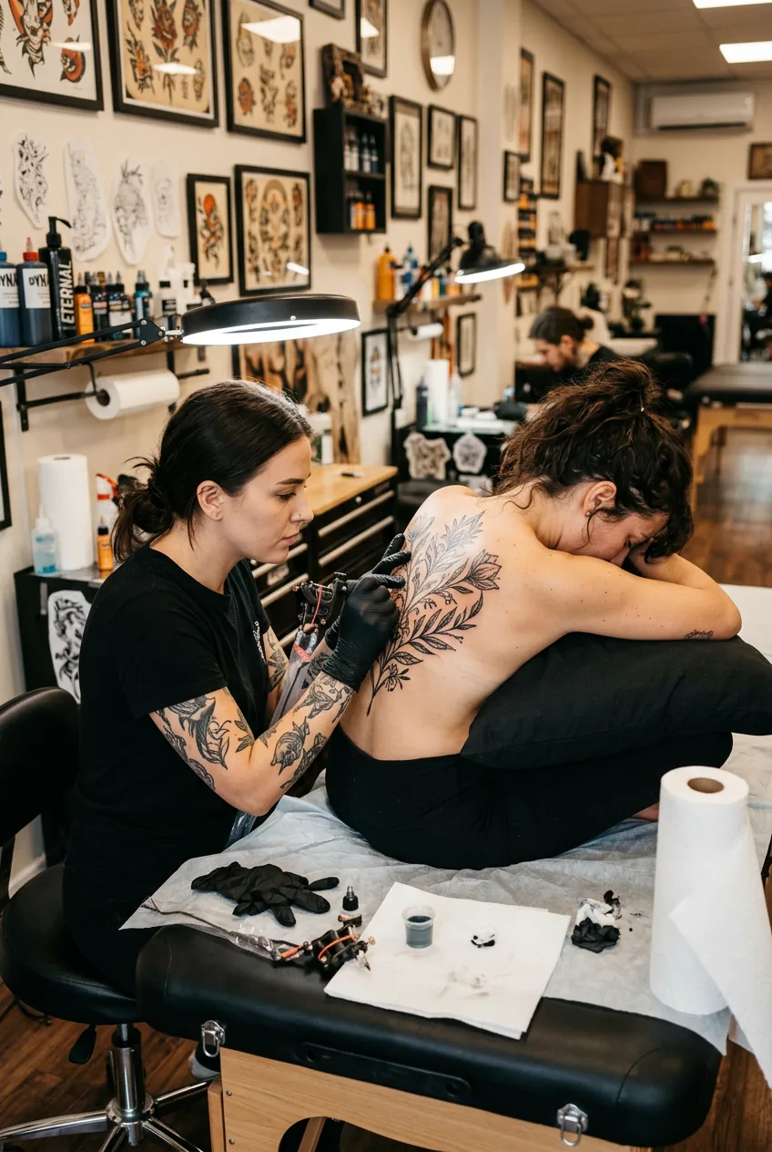 Female tattoo artist working on woman's back tattoo in professional tattoo parlor setting