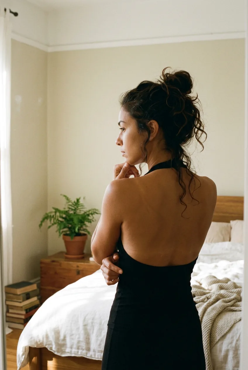 Woman standing in front of bedroom mirror wearing backless halter top contemplating tattoo placement