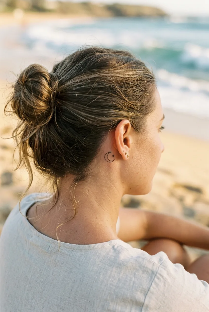 Close-up of small tattoo behind woman's ear with hair in messy bun