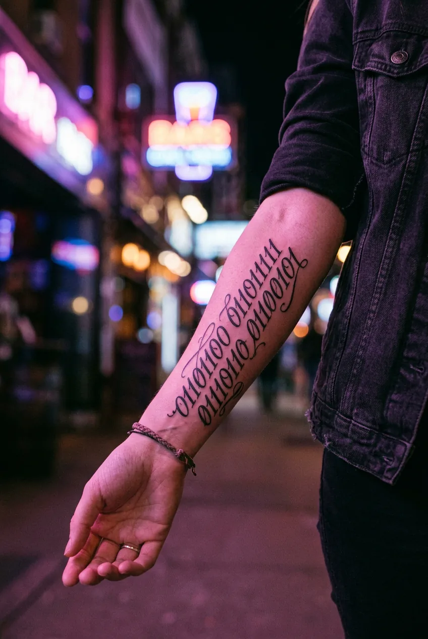 Flowing binary code script tattoo on forearm with artistic calligraphic zeros and ones