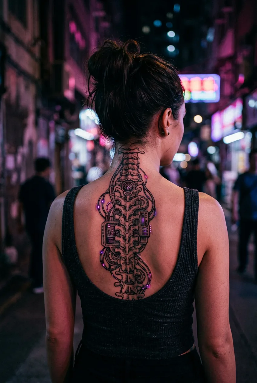 Close-up view of biomechanical spine tattoo featuring exposed circuitry and neural interface elements