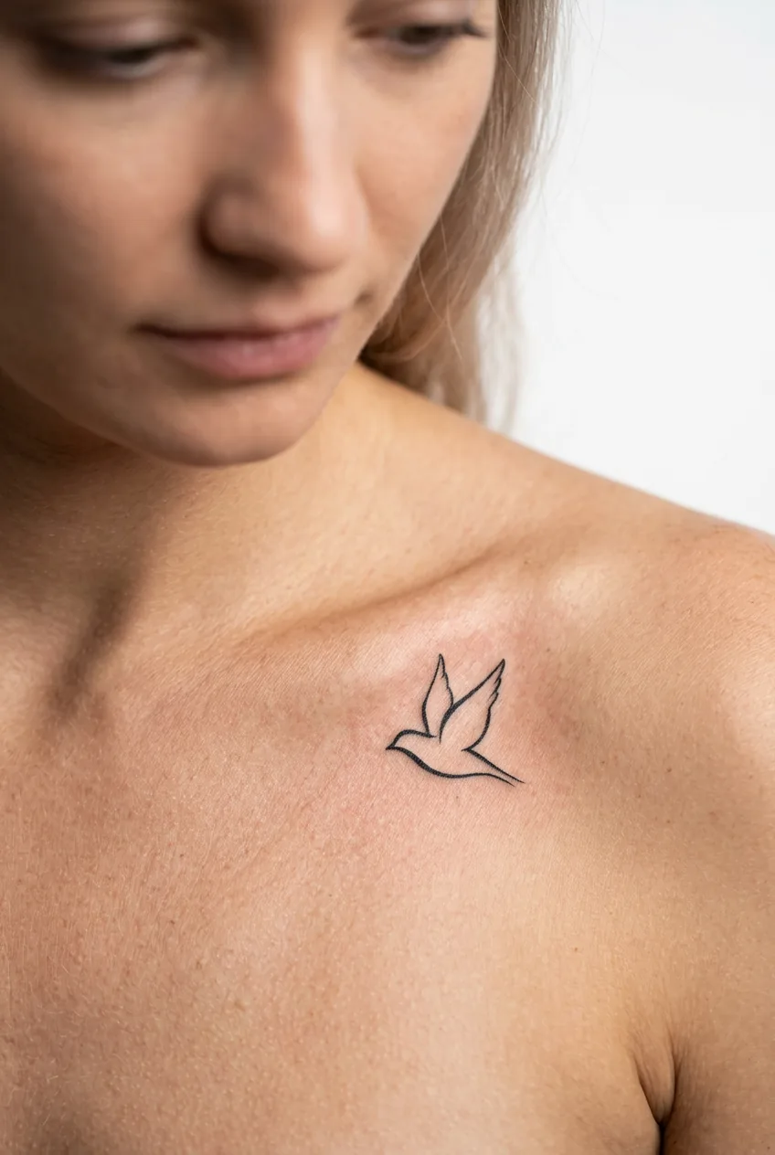 Small bird silhouette tattoo positioned along woman's collarbone line with elegant simple design