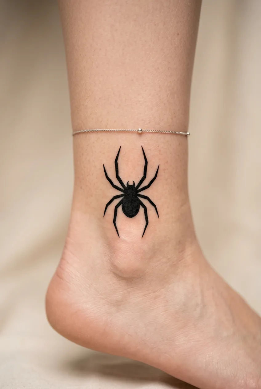 Simple black silhouette spider tattoo on woman's ankle showing clean geometric design