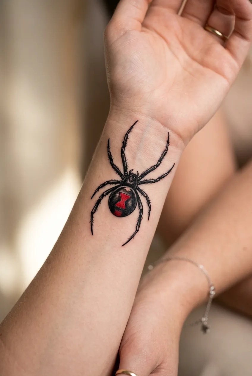 Black widow spider tattoo with red hourglass marking on woman's wrist in bold traditional style
