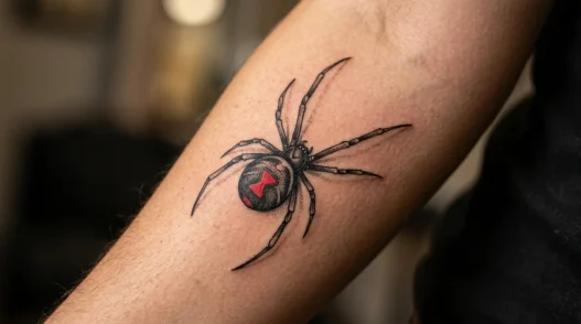 Close-up of black widow spider tattoo on woman's forearm showing detailed linework and shading