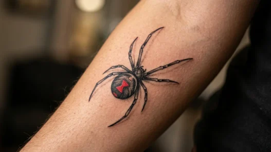 Close-up of black widow spider tattoo on woman's forearm showing detailed linework and shading
