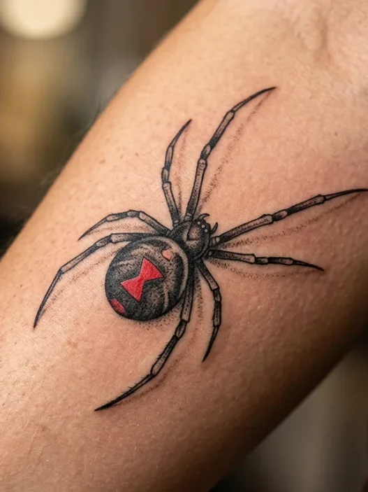 Close-up of black widow spider tattoo on woman's forearm showing detailed linework and shading