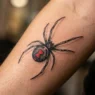 Close-up of black widow spider tattoo on woman's forearm showing detailed linework and shading