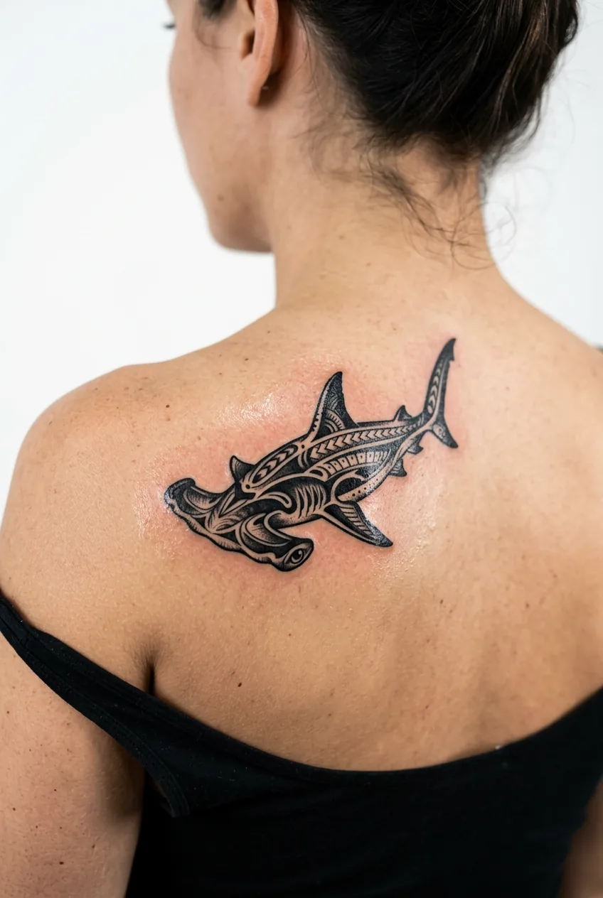 Fresh blackwork hammerhead shark tattoo in solid black ink on woman's upper back