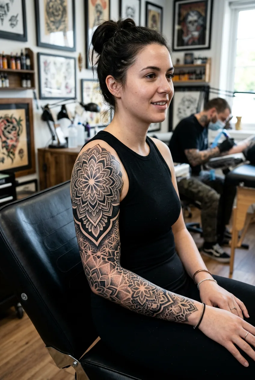 Bold blackwork mandala sleeve tattoo featuring solid black fills and dot work shading patterns