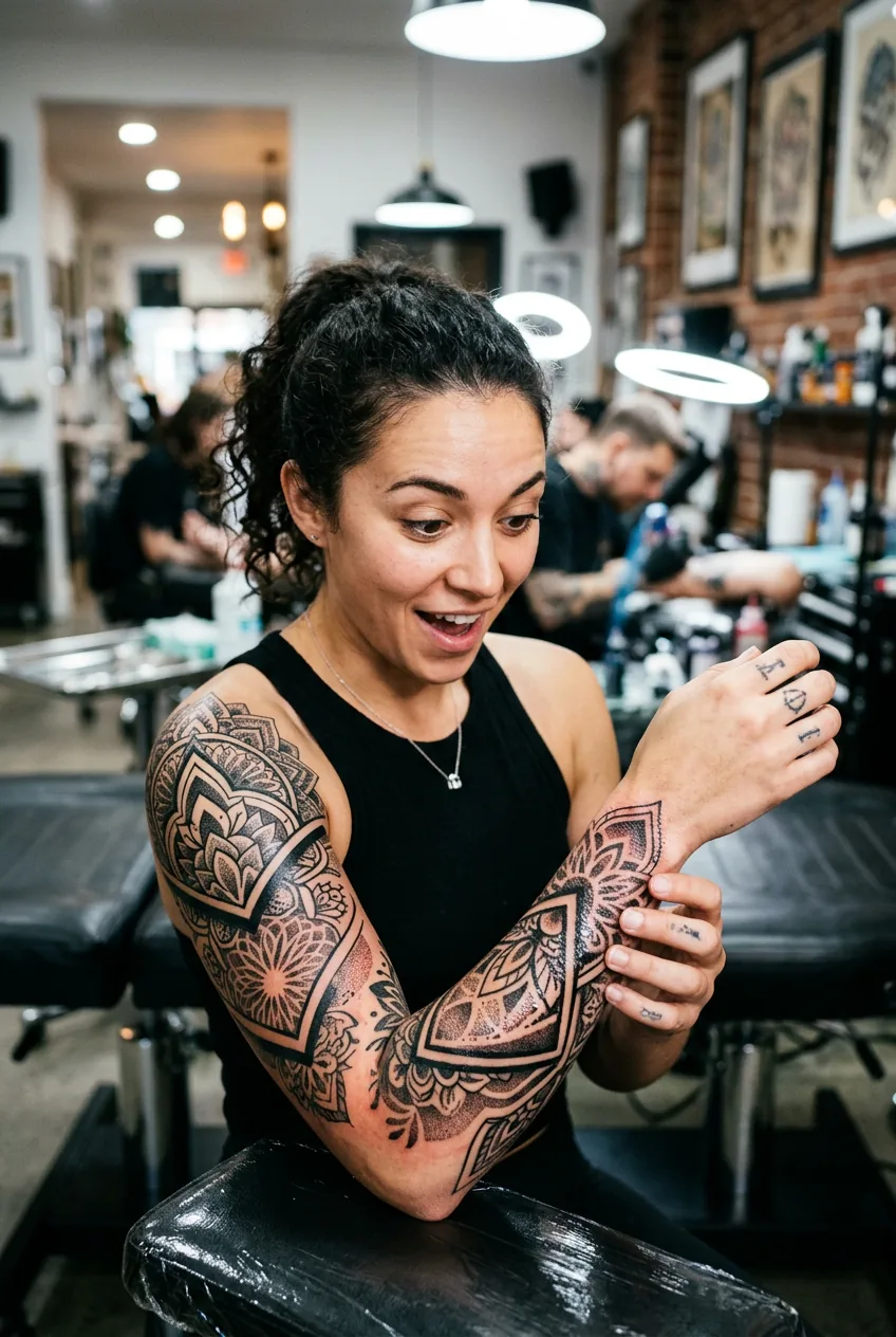 Close-up of woman examining fresh blackwork sleeve with high contrast dramatic elements