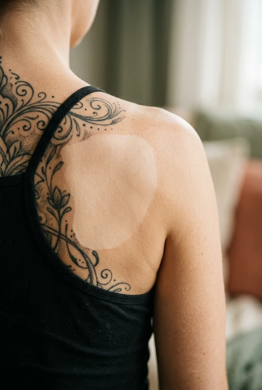 Woman's shoulder blade area showing blank space surrounded by existing back tattoo work