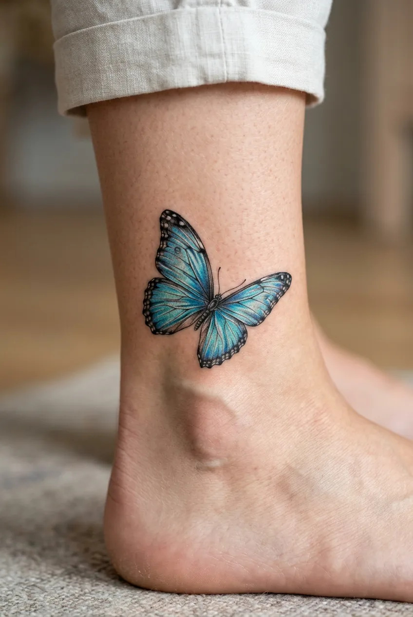 Blue morpho butterfly tattoo on woman's ankle with iridescent wing details and fine line work