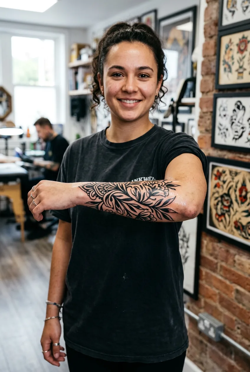 Woman displaying fresh bold line forearm tattoo with rich black ink clearly visible in studio