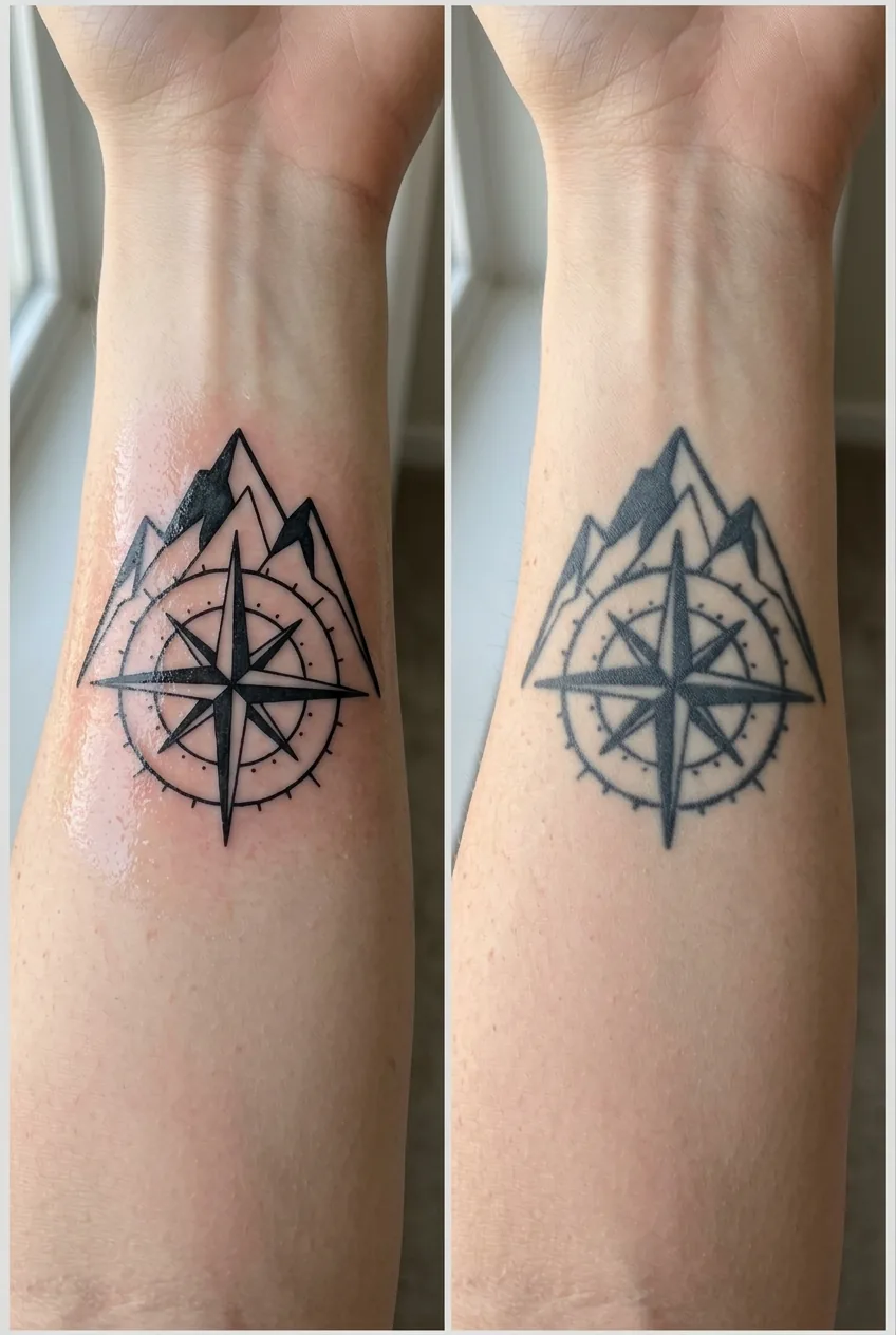 Before and after comparison showing how bold minimalist tattoo lines age and spread over time
