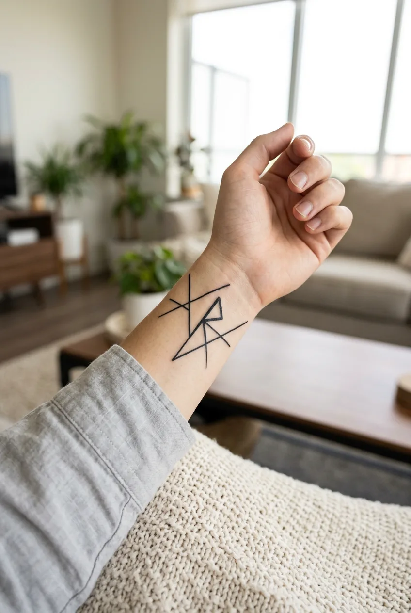 Final result of bold minimalist wrist tattoo showing clean confident lines in natural daylight