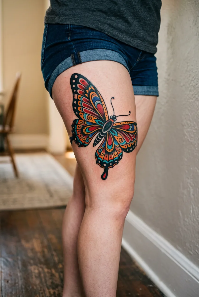 Bold colorful traditional butterfly tattoo on woman's upper thigh with solid color blocks