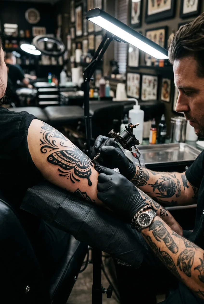 Tattoo artist applying thick black outlines to bold traditional butterfly design on upper arm