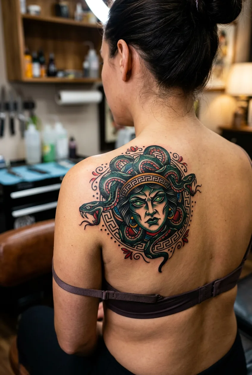 Bold traditional Medusa tattoo on shoulder blade with thick outlines and saturated color contrast