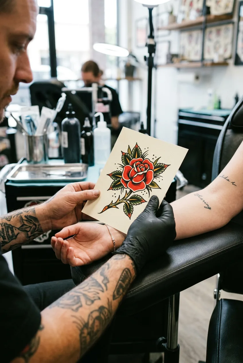 Tattoo artist's hands positioning bold traditional rose design reference against woman's wrist for sizing