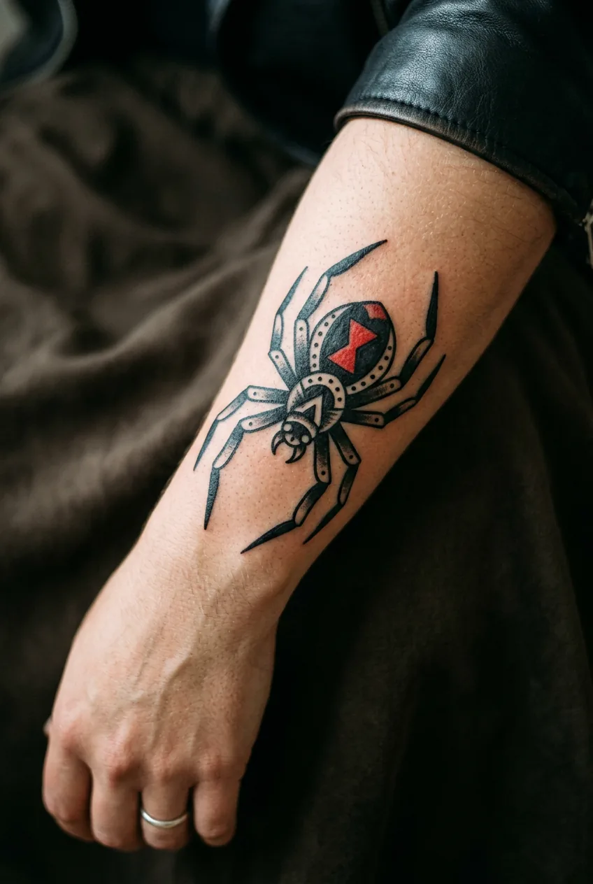 Woman's forearm displaying bold traditional spider tattoo with strong black lines