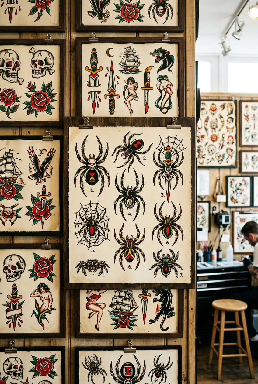 Bold traditional spider tattoo flash art with thick black lines displayed on studio wall