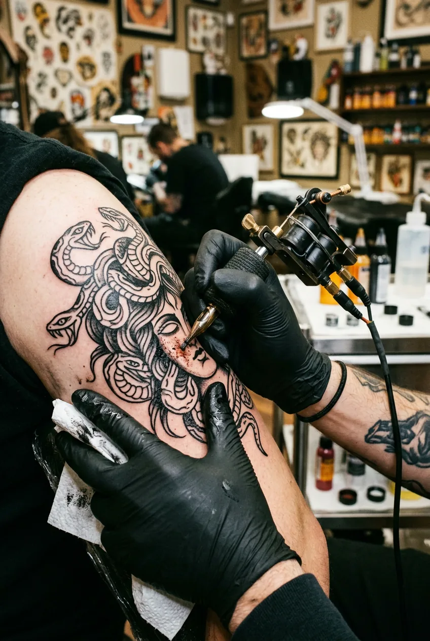 Tattoo artist applying bold traditional Medusa design with needle and ink equipment visible