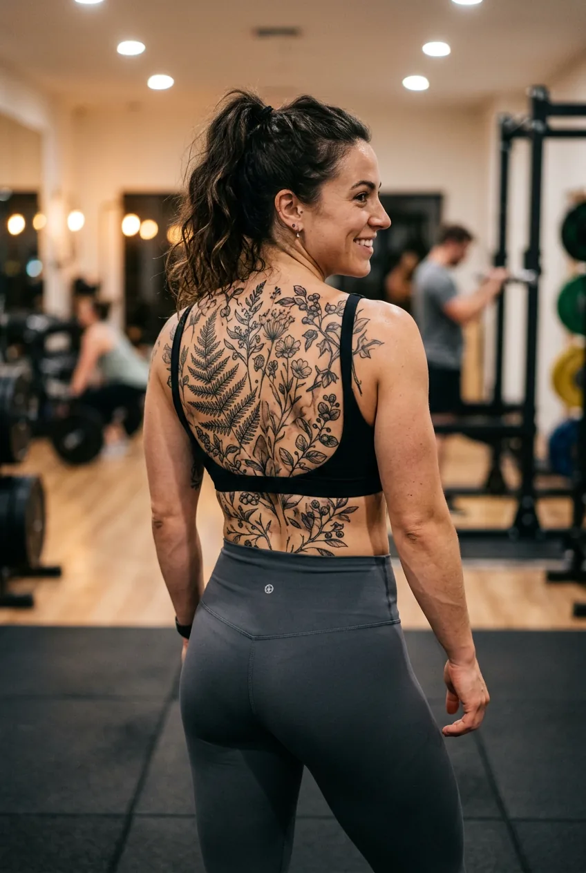 Tattooed woman displaying botanical back piece design in workout clothes with soft gym lighting
