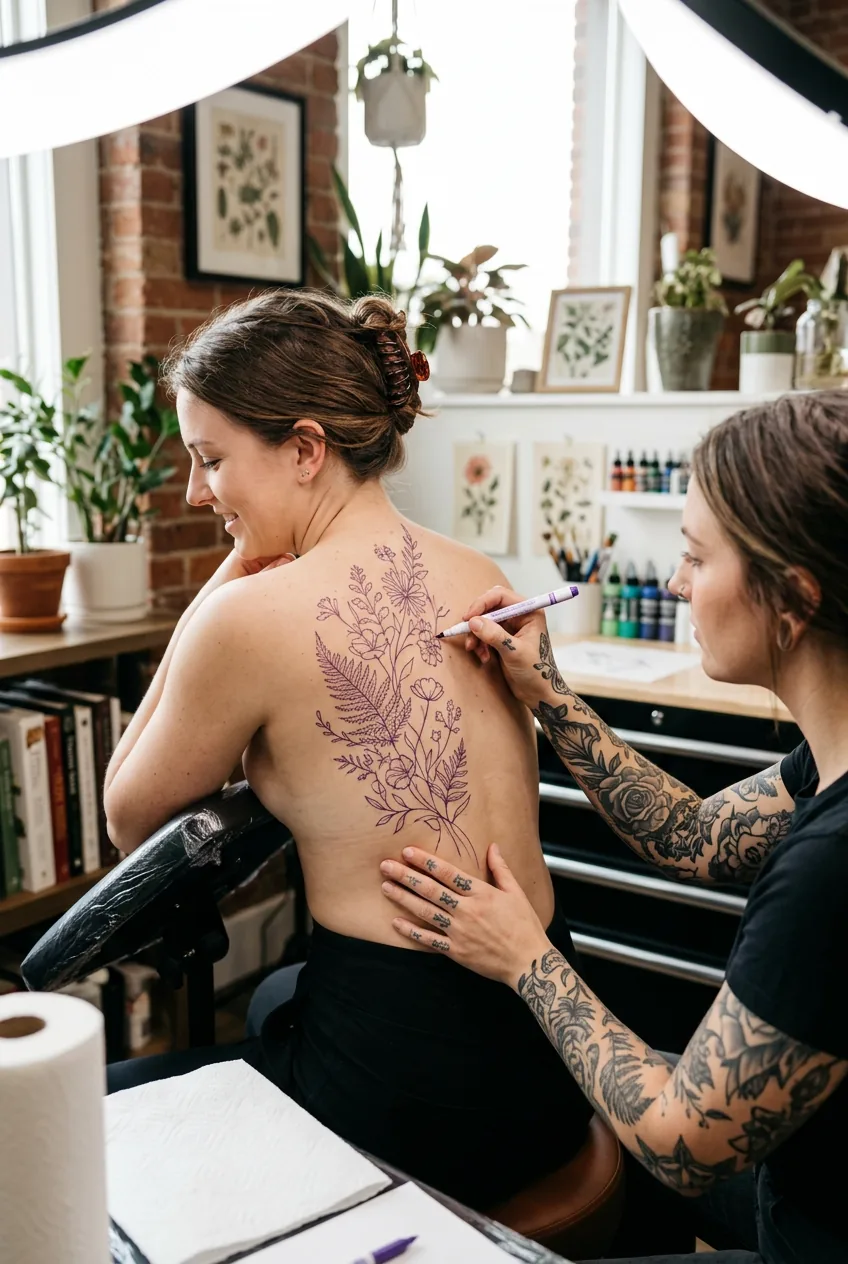 Tattoo artist sketching botanical design on woman's back with washable marker during consultation