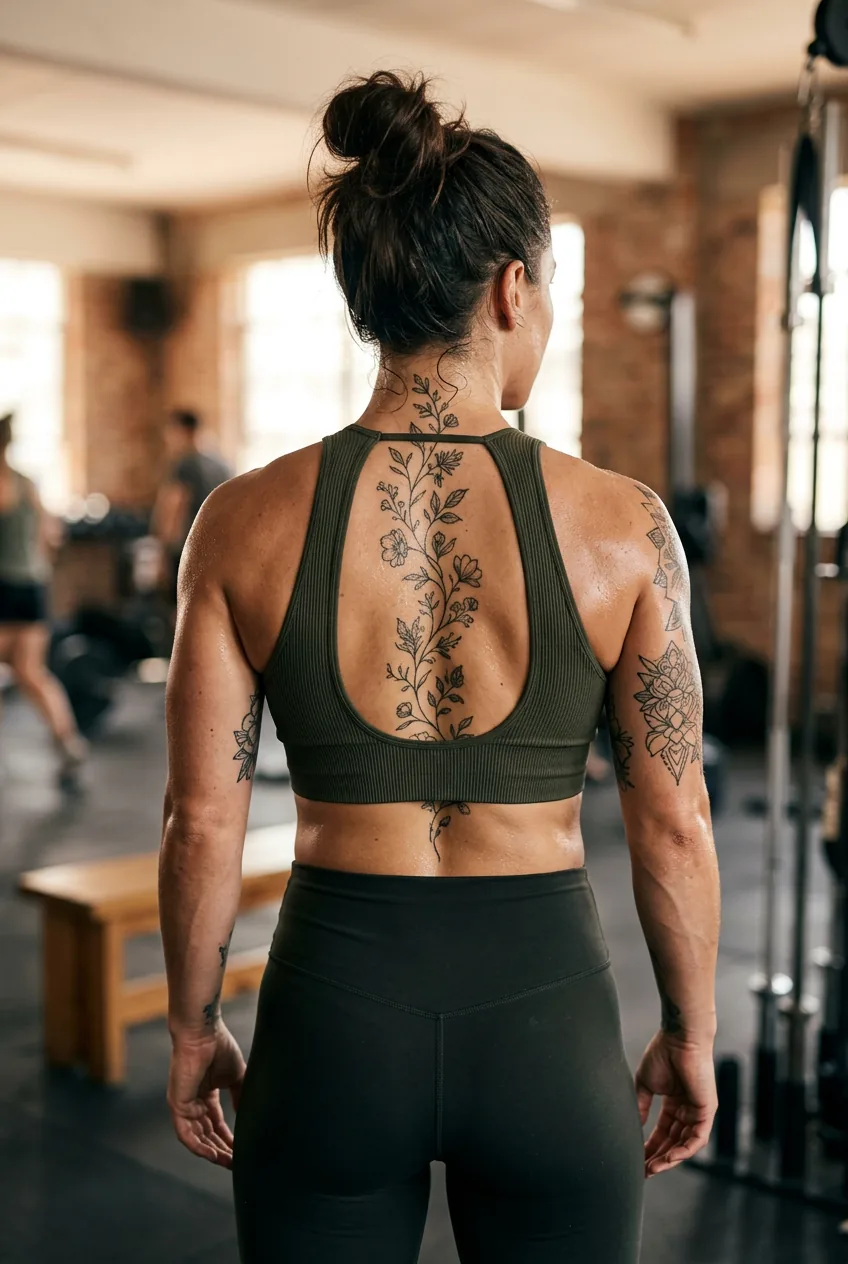 Woman showing delicate botanical vine spine tattoo running down her back in gym lighting