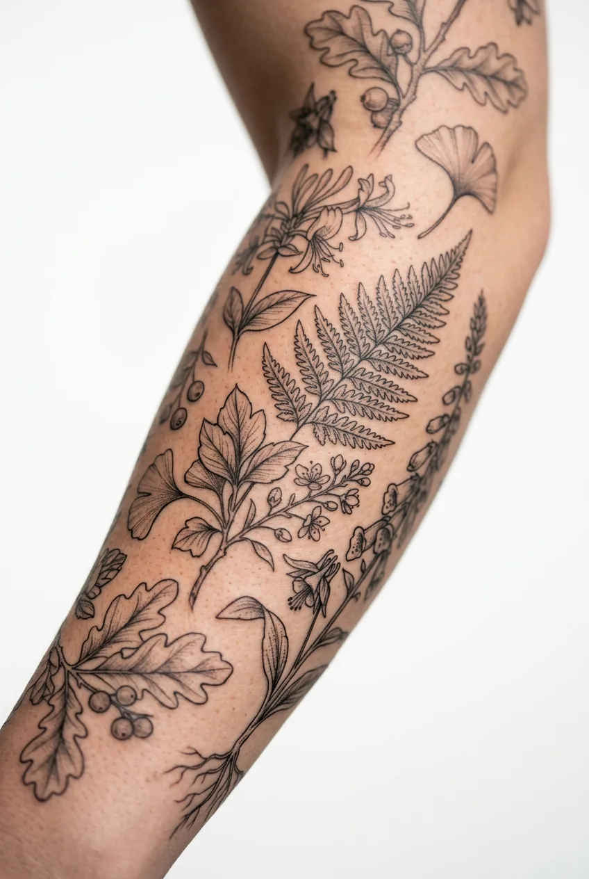 Botanical field guide style sleeve with various plants and scientific detail on arm
