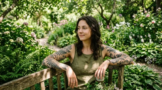 Woman with botanical tattoos in lush garden setting with dappled sunlight on tattooed arms