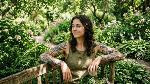 Woman with botanical tattoos in lush garden setting with dappled sunlight on tattooed arms