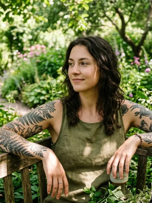 Woman with botanical tattoos in lush garden setting with dappled sunlight on tattooed arms