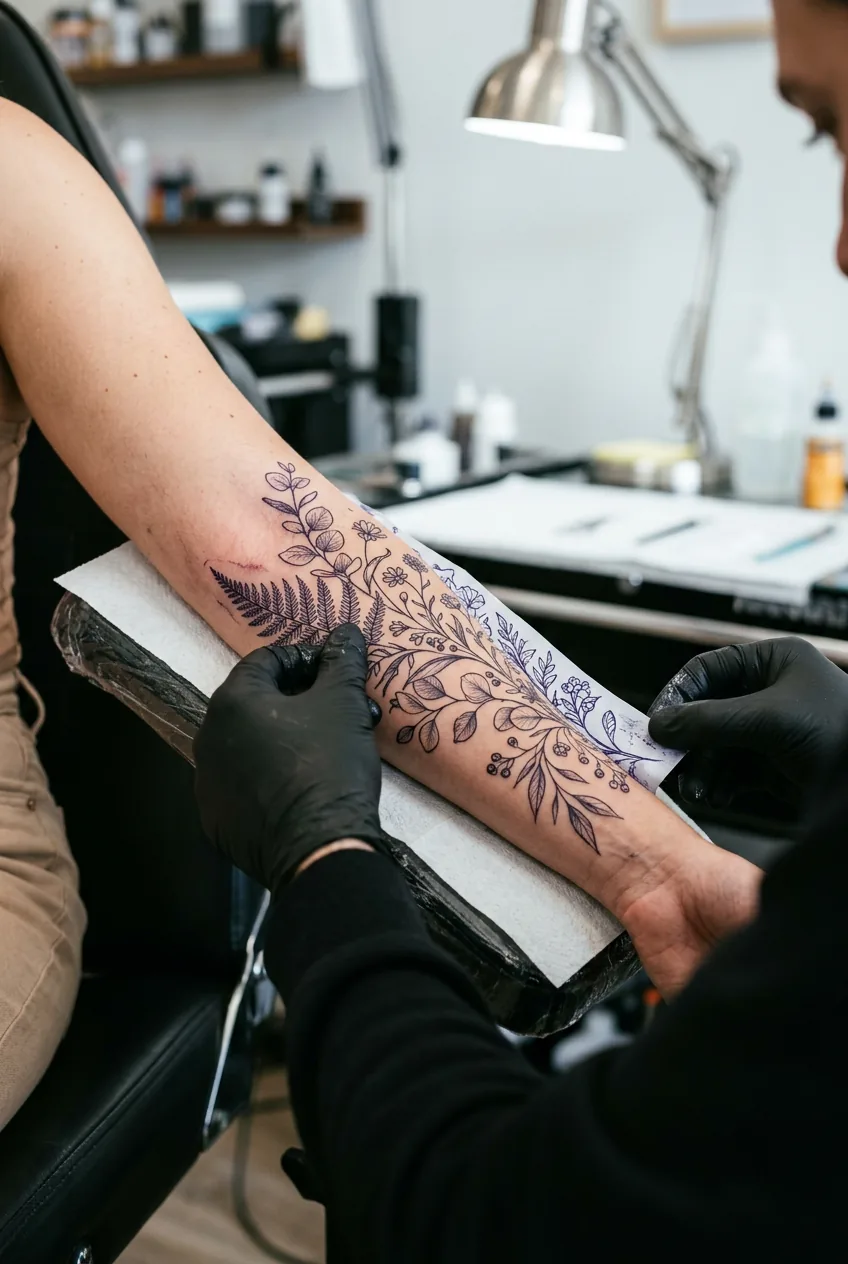 Close-up of woman's outer forearm showing detailed botanical tattoo with artist adjusting stencil