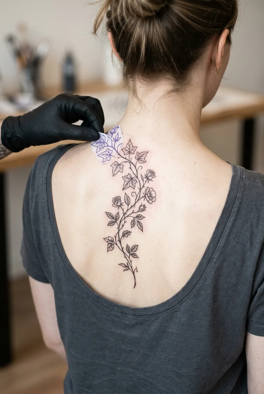 Close-up of botanical vine tattoo design placement between shoulder blades with fresh black ink