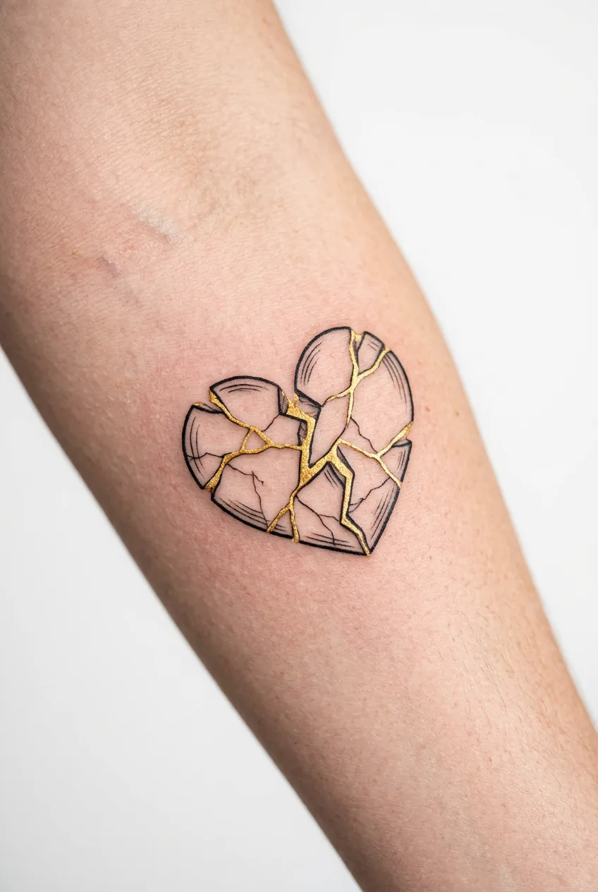 Forearm displaying broken heart tattoo with golden kintsugi-style repair lines through center crack