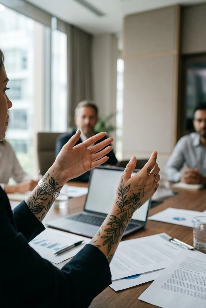 Professional woman's tattooed hands gesturing during business meeting in conference room setting
