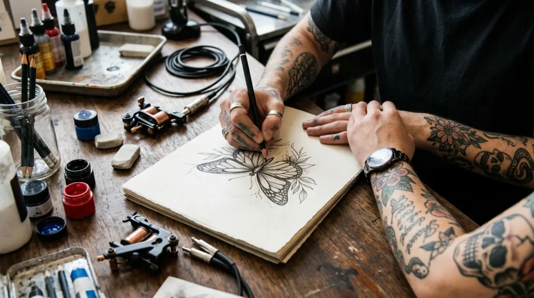 Tattoo artist's hand sketching custom butterfly design on paper with client's arm resting nearby