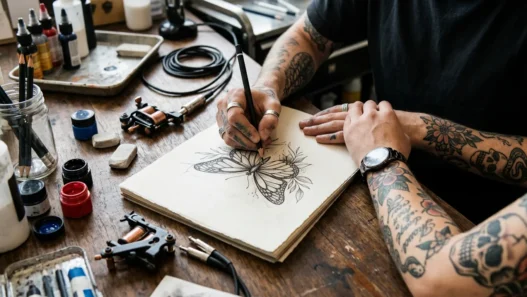 Tattoo artist's hand sketching custom butterfly design on paper with client's arm resting nearby