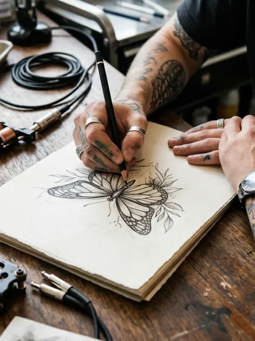 Tattoo artist's hand sketching custom butterfly design on paper with client's arm resting nearby