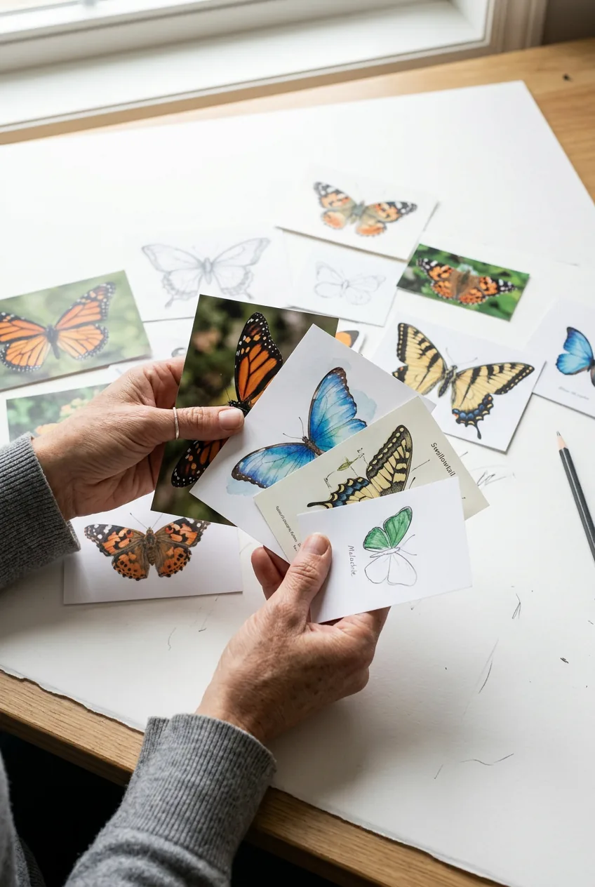 Multiple butterfly reference photos spread across white surface showing different artistic styles